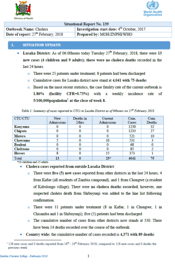 Zambia cholera Outbreak situation Report - 27 February 2018